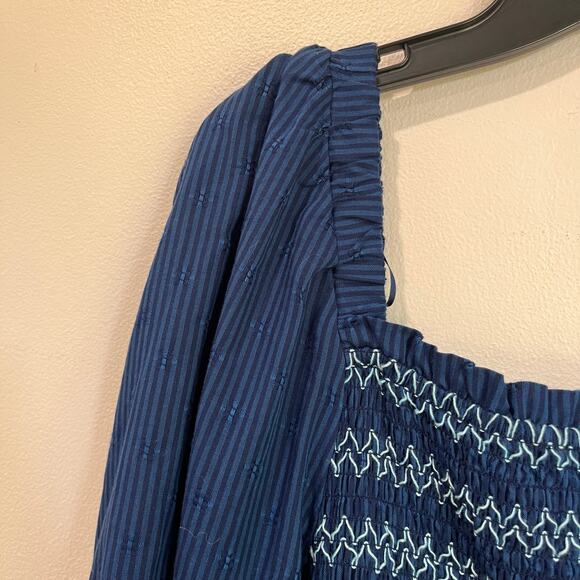 Draper James RSVP Navy Smocked Square Neck Long Sleeve Midi Dress Pockets Sz L - Picture 4 of 10